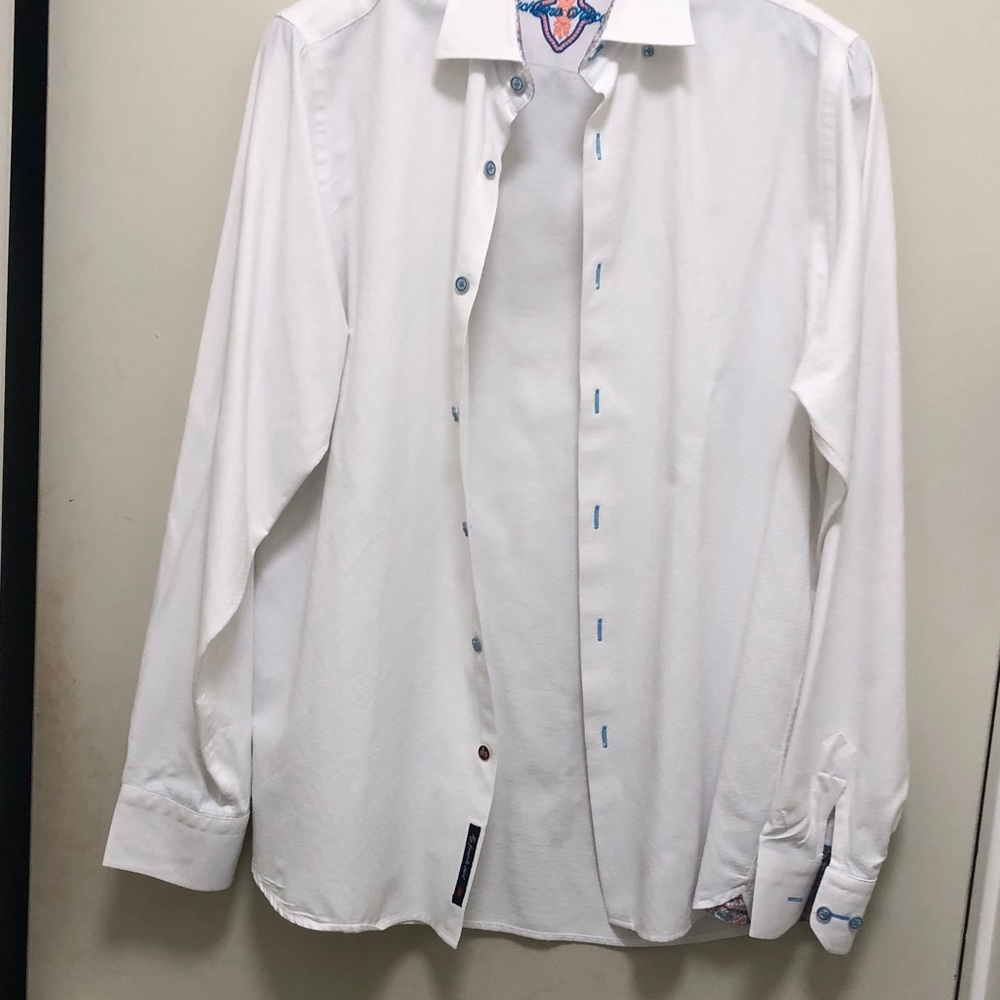 Elegant White Button-Down Shirt with Blue Details